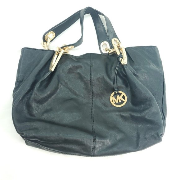 Michael Kors Womens Black Leather Double Handles Shoulder Handbag Purse - Picture 1 of 15